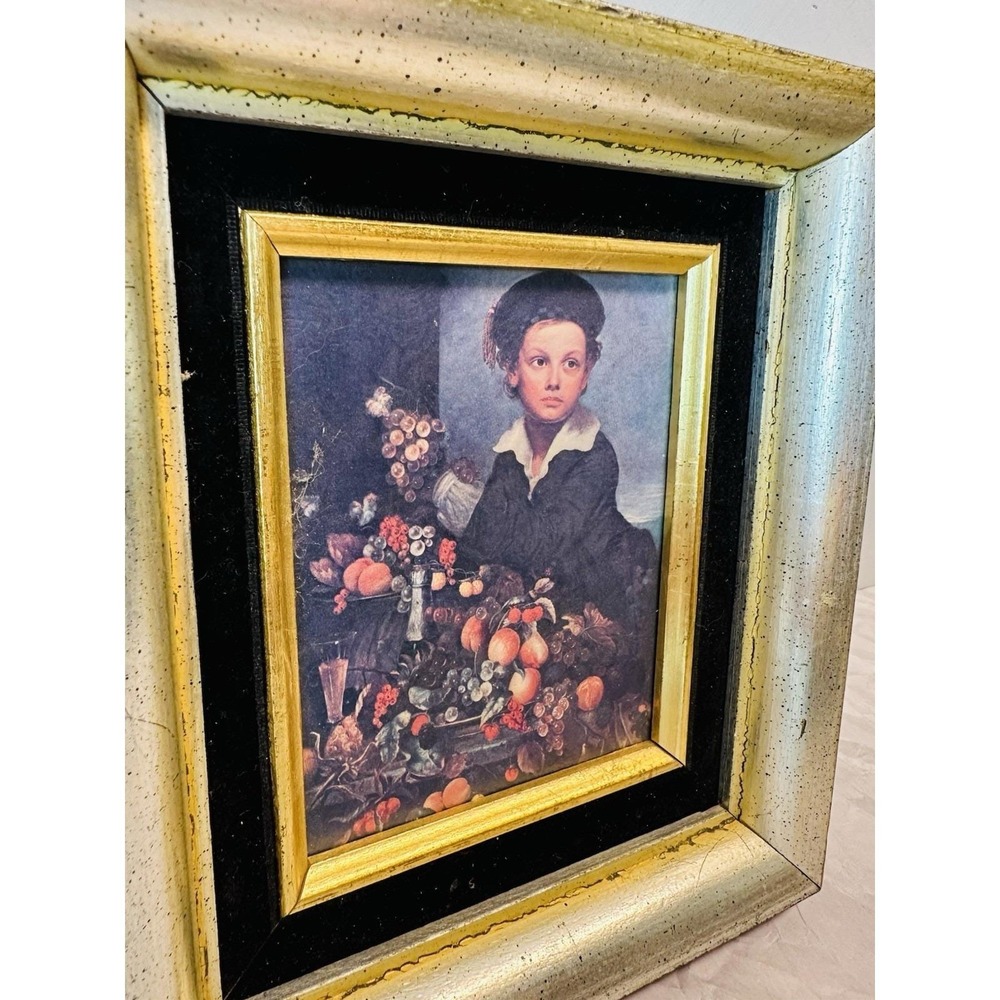 vintage 1970s silver leaf framed 'boy with still life' lithograph 8x7 - Picture 3 of 10